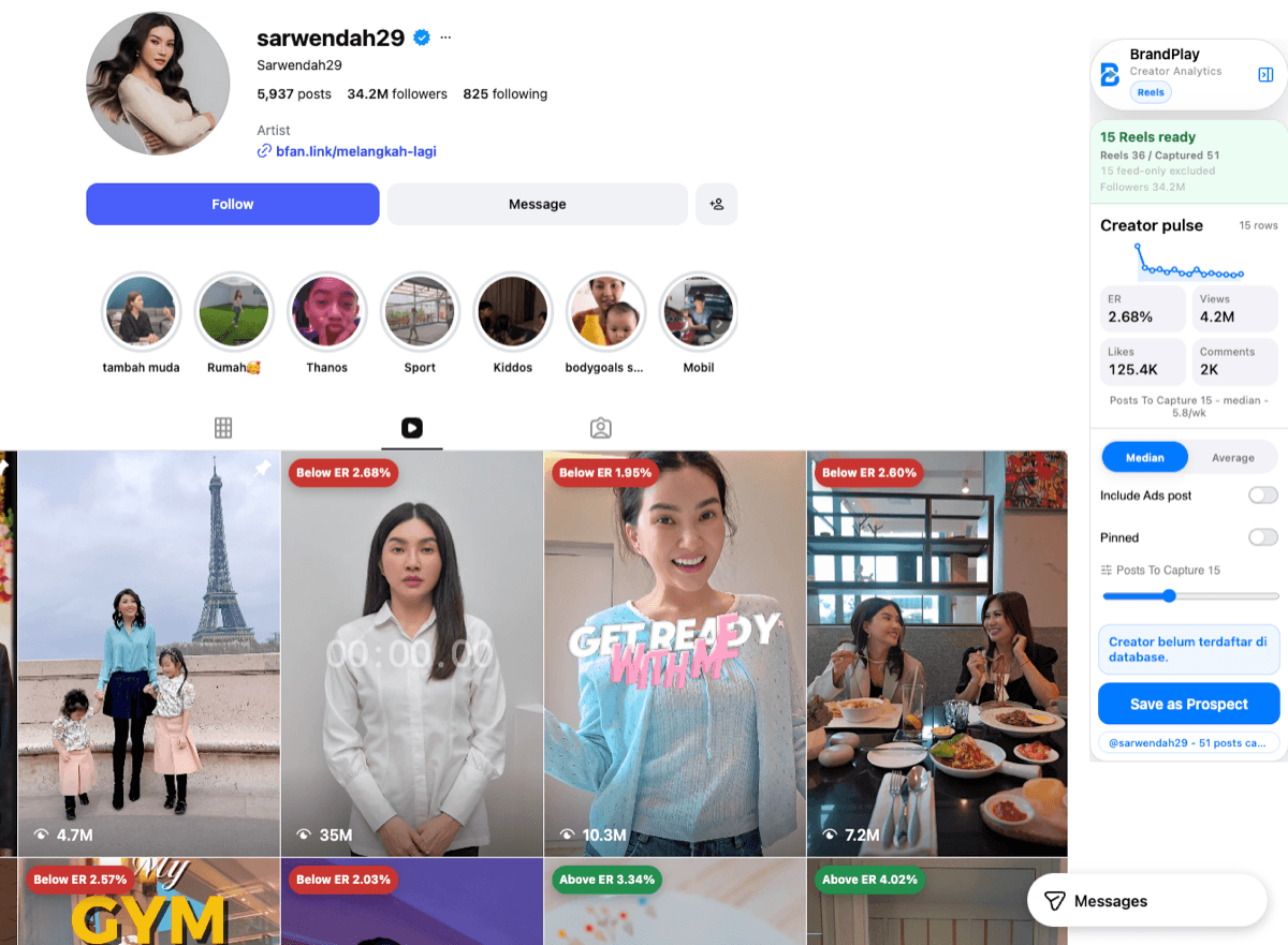 HUD BrandPlay menampilkan Creator pulse, ER, views, likes, dan tombol Save as Prospect di profil Instagram Reels